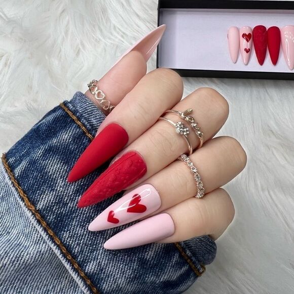 Red Sweater Heart ❤️ Custom Press On Nails | High Quality Nails | Handmade - Picture 1 of 12